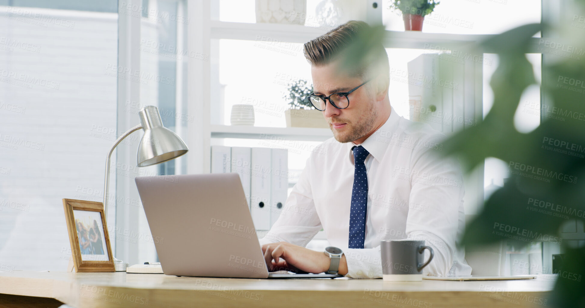 Buy stock photo Corporate, laptop and businessman in office for finance review, accounting and revenue proposal. Professional, reading and person on computer for financial report, budget planning and bookkeeping