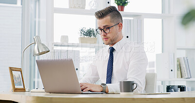 Buy stock photo Corporate, laptop and business man in office for finance review, accounting and revenue proposal. Professional, reading and person on computer for financial report, budget planning and bookkeeping