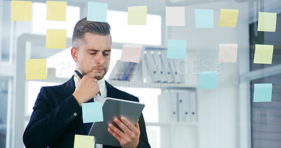 Buy stock photo Thinking, glass and tablet with business man in office for mindmap, project calendar and brainstorming. Market research, sticky note and reflection with person in agency for online and moodboard 