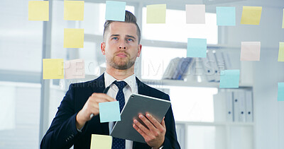 Buy stock photo Reminder, glass and tablet with business man in office for mindmap, project calendar and brainstorming. Market research, sticky note and planning with person in agency for online and moodboard 