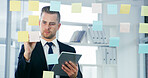 Planning, writing and tablet with business man in office for mindmap, project calendar and brainstorming. Market research, sticky note and reminder with person in agency for online and moodboard 