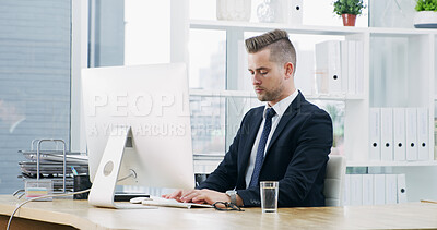Buy stock photo Typing, online and man with computer, office and planning for proposal on web, corporate or project. Business, account manager and person with tech for investment opportunity, research and report