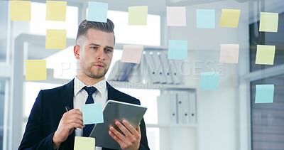 Buy stock photo Solution, glass and tablet with business man in office for mindmap, project calendar and brainstorming. Market research, sticky note and reminder with person in agency for online and moodboard 