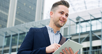 Buy stock photo Tablet, happy and businessman in city with research for finance report with company budget. Digital technology, smile and male financial manager with email for investment proposal in urban town.