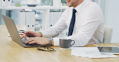 Buy stock photo Documents, laptop and hands of business man in office for finance review, accounting or revenue proposal. Corporate, typing and person on computer for financial report, budget planning or bookkeeping