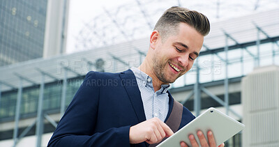 Buy stock photo City, happy and man with tablet, email or legal assistant with positive feedback, reading or online. Outdoor, intern and person with smile for acknowledgment on message, tech and career development