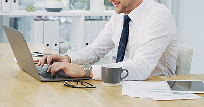 Buy stock photo Typing, laptop and business man with documents for finance review, accounting and revenue proposal. Corporate, hands and person on computer for financial report, budget planning and bookkeeping