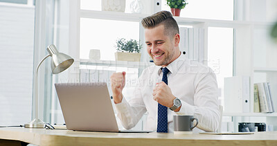 Buy stock photo Fist pump, success and businessman on laptop for finance bonus, online profit and investment. Corporate, celebrate and person on computer happy for financial victory, achievement and budget approval