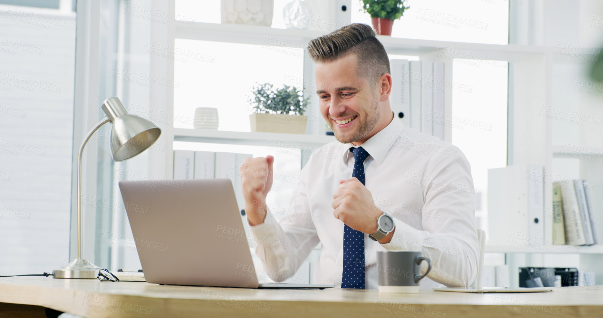 Buy stock photo Fist pump, success and businessman on laptop for finance bonus, online profit and investment. Corporate, celebrate and person on computer happy for financial victory, achievement and budget approval