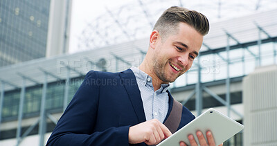 Buy stock photo City, happy and man with tablet, online or legal assistant with positive feedback, reading or email. Outdoor, intern and person with smile for acknowledgment on message, tech and career development