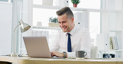Buy stock photo Excited, man and notification on laptop, office or positive feedback for project, app and corporate. Success, account manager and person with tech for investment opportunity, happy and reading email