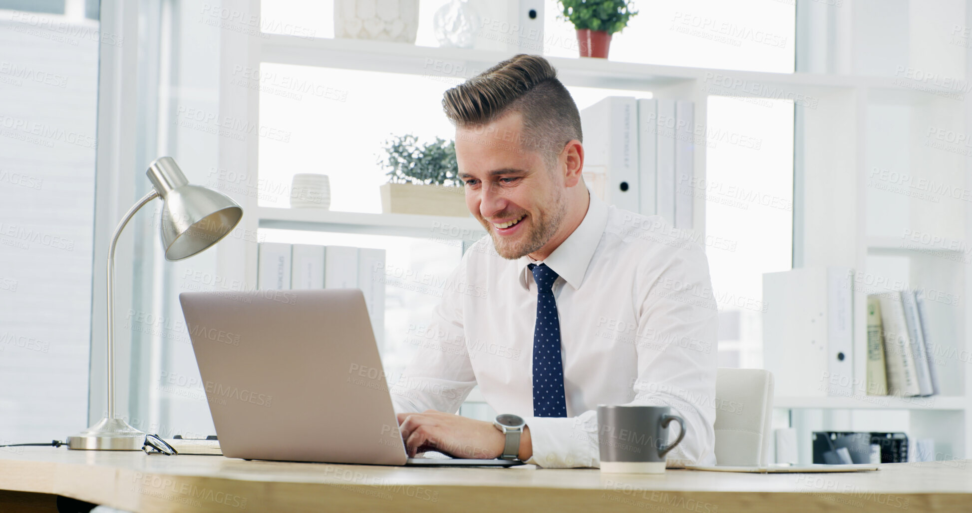 Buy stock photo Excited, man and notification on laptop, office or positive feedback for project, app and corporate. Success, account manager and person with tech for investment opportunity, happy and reading email