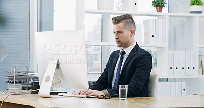 Buy stock photo Typing, project and man with computer, office and planning for proposal on web, corporate or online. Business, account manager and person with tech for investment opportunity, research and report