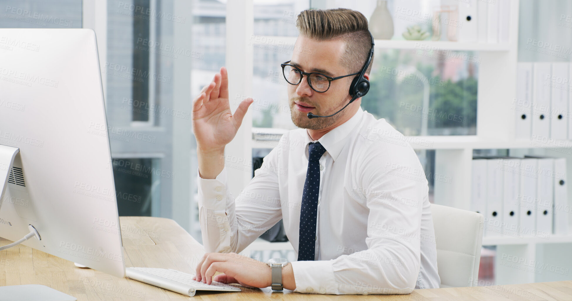 Buy stock photo Customer support, office and business man on computer for online help, virtual assistance and contact. Professional, corporate and person with headset on pc for communication, advice and service
