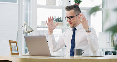 Buy stock photo Businessman, happy and excited with laptop, celebration and surprise with notification for success at office. Person, financial advisor and wow with computer, profit or goals at investment agency