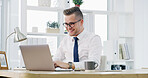 Happy, laptop and business man in office for finance review, accounting and revenue proposal. Professional, corporate and person on computer for financial report, budget planning and bookkeeping