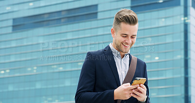 Buy stock photo Phone, smile and businessman in city with networking, email or communication on mobile app. Happy, walking and male financial manager with cellphone for investment plan for client in urban town.