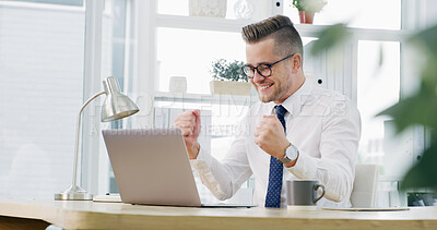 Buy stock photo Fist pump, celebrate and business man on laptop for finance bonus, online profit and investment. Corporate, office and person on computer for financial success, achievement and budget approval