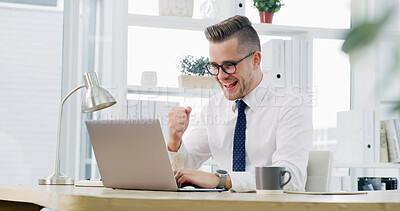Buy stock photo Man, fist pump and celebration with laptop at office for goals, announcement or bonus at agency. Person, investor and excited with computer, happy and good news for salary increase at finance company