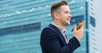 Buy stock photo Travel, voice note and businessman with phone for city, commute or real estate agent with negotiation. Urban, realtor and smile with smartphone for talking, walk or contact for mobile property deal