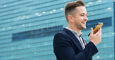Buy stock photo Travel, voice note and businessman with phone for city, commute or real estate agent with negotiation. Urban, realtor and smile with smartphone for talking, walk or contact for mobile property deal