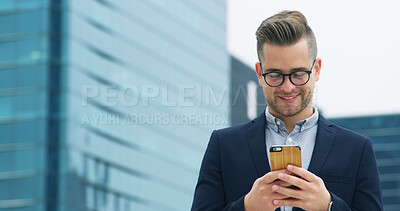 Buy stock photo Cellphone, happy and businessman in city with networking, email or communication on mobile app. Smile, walking and male financial manager with phone for investment plan for client in urban town.