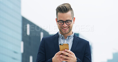 Buy stock photo Cellphone, smile and businessman in city with networking, email or communication on mobile app. Happy, walking and male financial manager with phone for investment plan for client in urban town.