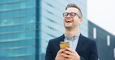 Buy stock photo Laughing, employee and man with smartphone, city and excited for job promotion or positive feedback. Happy, legal assistant and person with smile for career growth, success and message with mobile