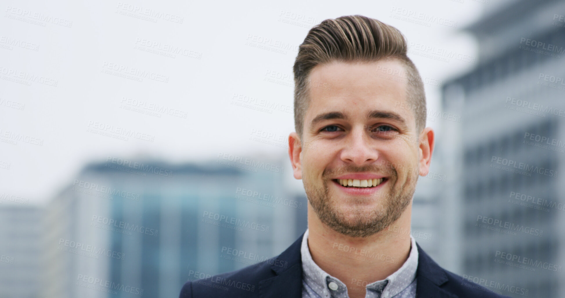 Buy stock photo Happy, city and portrait of business man with confidence, pride and smile for finance career. Space, corporate and professional person in town for ambition, job opportunity and financial consultant