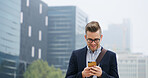 Phone, happy and businessman in town with networking, email or communication on mobile app. Smile, walking and male financial manager with cellphone for investment plan for client in urban city.