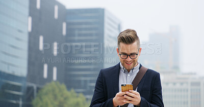 Buy stock photo Phone, happy and businessman in town with networking, email or communication on mobile app. Smile, walking and male financial manager with cellphone for investment plan for client in urban city.