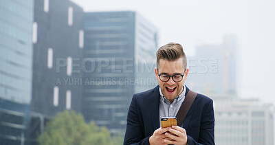Buy stock photo Surprise, phone and businessman in city with good news, email or job promotion with happiness. Smile, 
shocked and male financial manager with cellphone for investment approval in urban town.