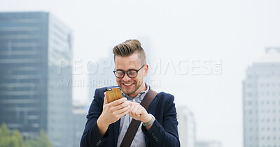 Buy stock photo City, employee and man with smartphone, browsing and excited for news on email or positive feedback. Outdoor, legal assistant or person with notification on mobile, career growth or happy for success