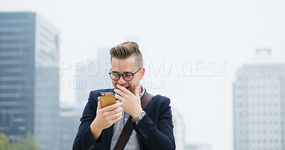 Buy stock photo Shocked, phone and businessman in city with good news, email or job promotion with happiness. Smile, surprise and male financial manager with cellphone for investment approval in urban town.