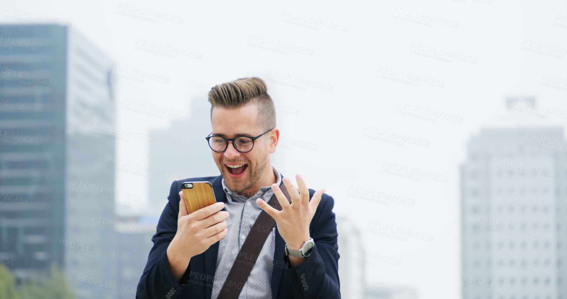 Buy stock photo Excited, phone and businessman in city with good news, email or job promotion with happiness. Happy, celebration and male financial manager with cellphone for investment approval in urban town.