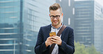 Phone, happy and businessman in city with communication, networking or email for finance planning. Smile, technology and male financial advisor with cellphone for investment report in urban town.
