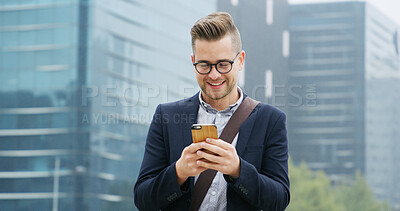Buy stock photo Phone, happy and businessman in city with communication, networking or email for finance planning. Smile, technology and male financial advisor with cellphone for investment feedback in urban town.