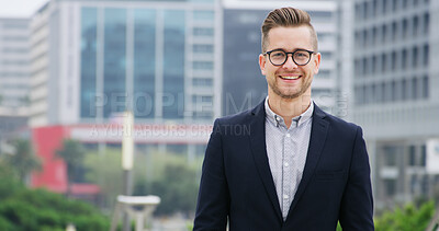 Buy stock photo Businessman, happy and portrait in city for civil engineering career, urban development and property. Person, smile and town planner with confidence for real estate expansion with pride in Argentina