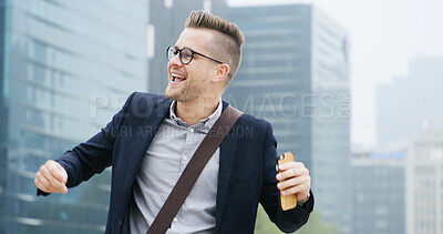 Buy stock photo Celebrate, phone and businessman in city with smile for winning, success or achievement. Technology, happy and excited male person with message, morning commute and cellphone on town street for goal