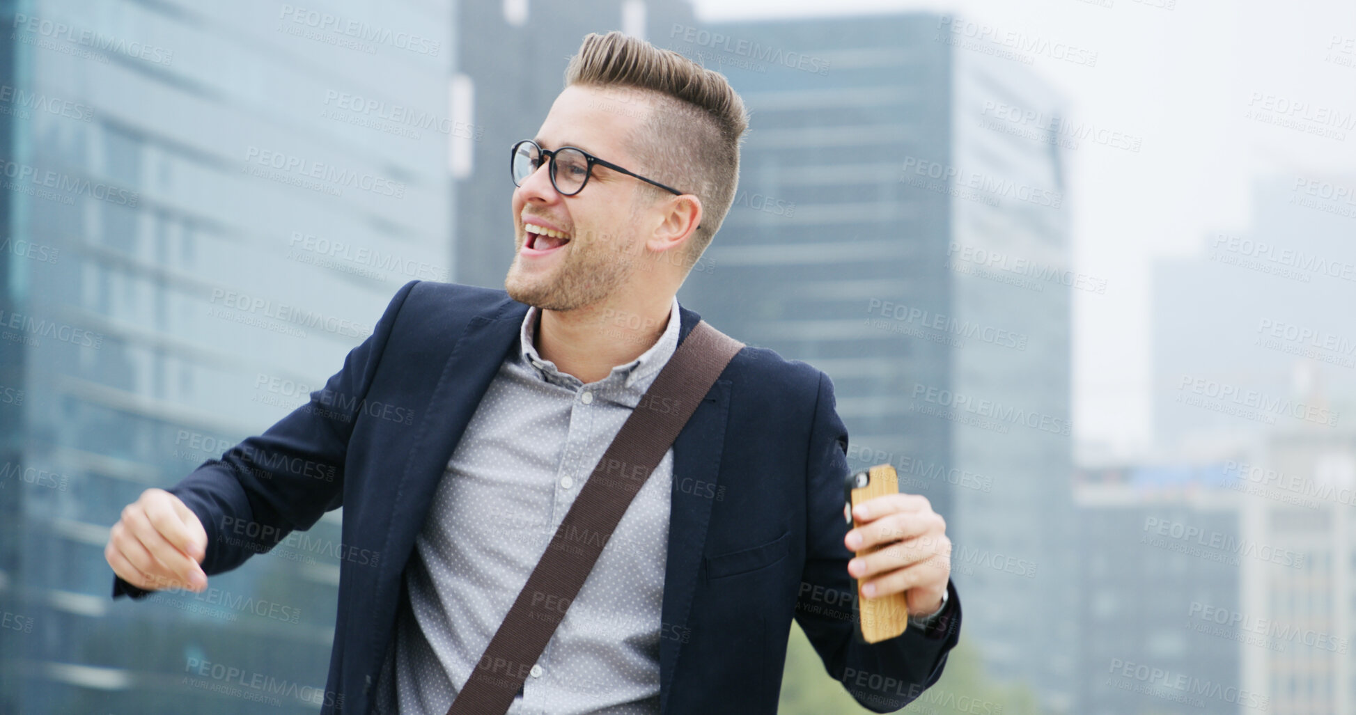 Buy stock photo Celebrate, phone and businessman in city with smile for winning, success or achievement. Technology, happy and excited male person with message, morning commute and cellphone on town street for goal