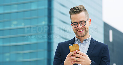 Buy stock photo Cellphone, happy and businessman in city with communication, networking or email for finance plan. Smile, technology and male financial advisor with phone for investment report in urban town.