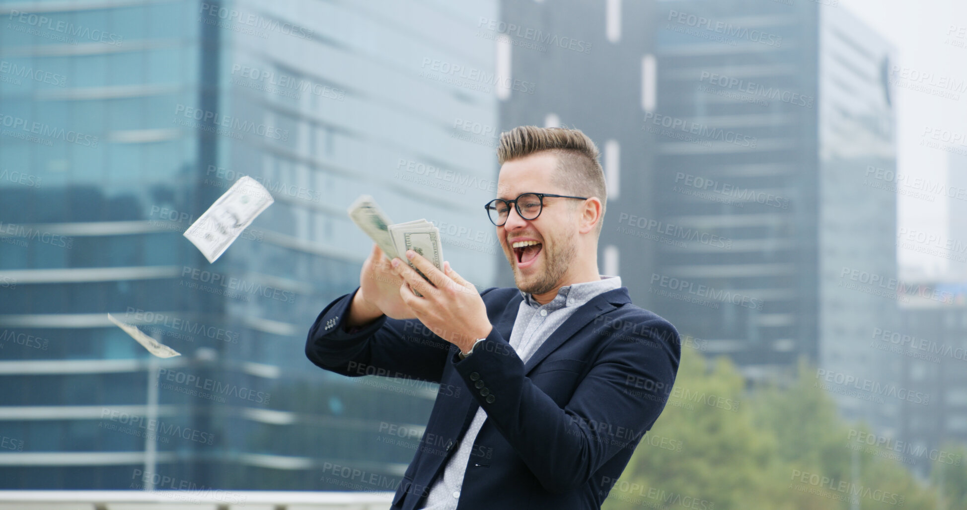 Buy stock photo Excited, businessman and throw money in city for financial freedom, winning and investment celebration. Smile, male person and raining cash for profit, finance success and income achievement in town
