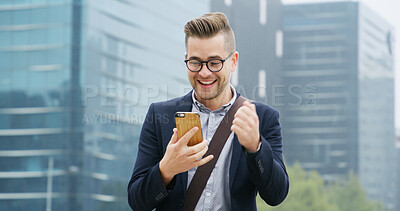 Buy stock photo Fist pump, cellphone and businessman in city with good news, email or job promotion with happiness. Smile, celebration and male financial manager with phone for investment approval in urban town.