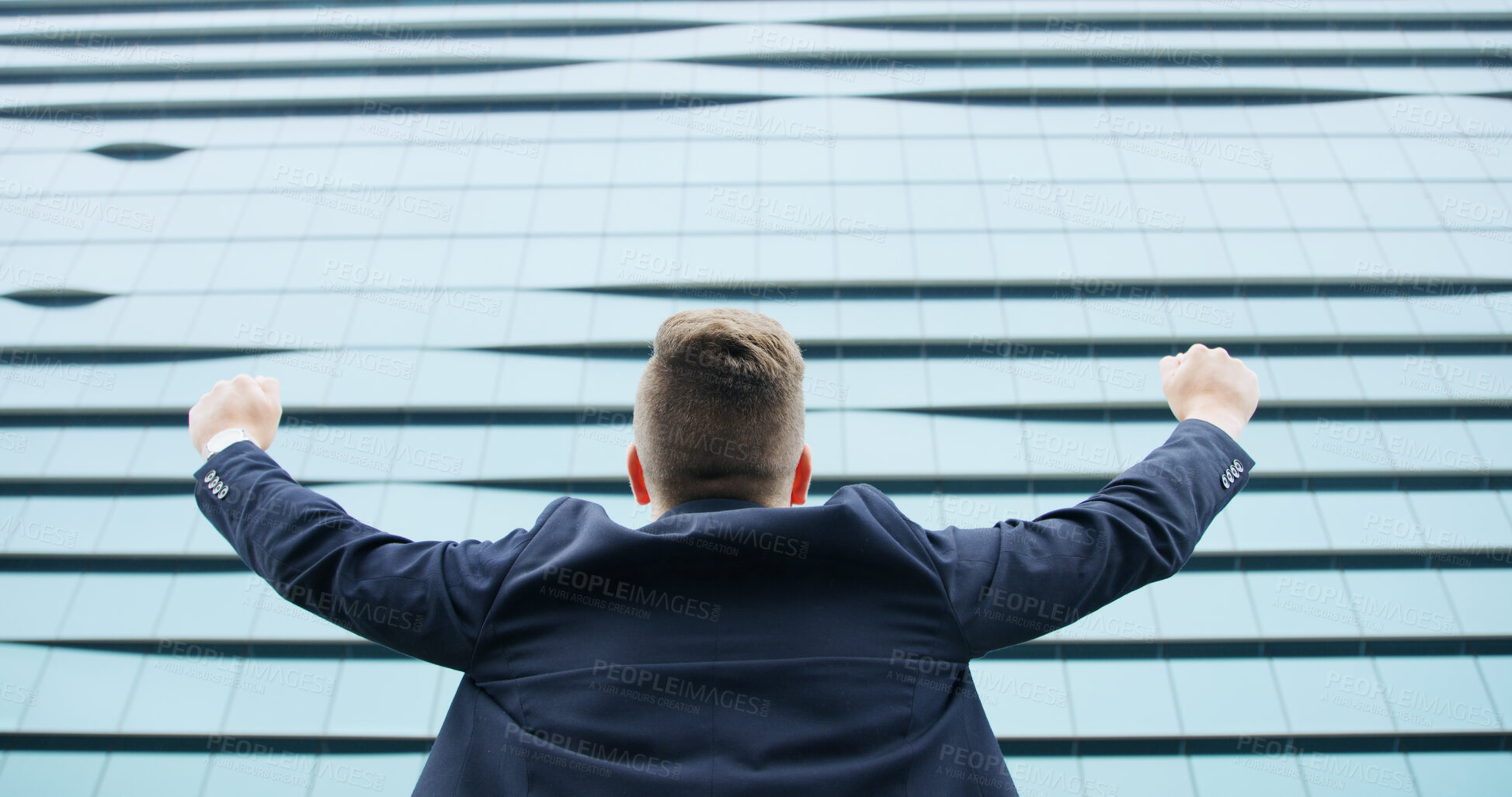 Buy stock photo Success, cheering and back of businessman in city for career growth, promotion and winner. Celebration, professional goals and freedom with low angle of person for target, good news and bonus