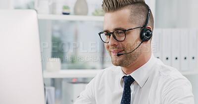 Buy stock photo Computer, call center and smile with business man for banking, loan approval or support. Headset, contact us and agent speaking for financial assistance, account inquiry or explain investment service