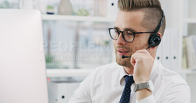 Buy stock photo Computer, call center and business man talk for banking, loan or support. Headset, contact us or happy agent listen for financial assistance, account inquiry or explain investment service to customer