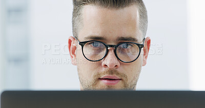 Buy stock photo Online, employee and man with laptop, office or reading proposal on website, planning and corporate. Business, account manager and person with tech for investment opportunity, research and report