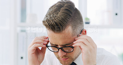 Buy stock photo Stress, employee and man with glasses, office and thinking of mistake, trader or stock market crash. Frustrated, investor or person with eyewear in business, reflection or anxiety for loss of capital
