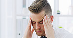 Business, man and stress with headache in office for work pressure, strain discomfort and burnout. Male person, migraine and brain fog for overworked, workload tension and vertigo of deadline crisis