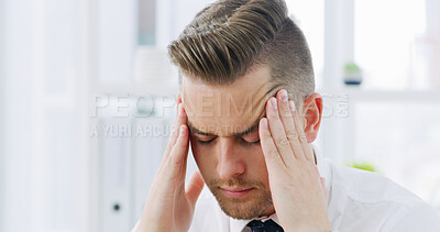 Buy stock photo Business, man and stress with headache in office for work pressure, strain discomfort and burnout. Male person, migraine and brain fog for overworked, workload tension or vertigo with deadline crisis